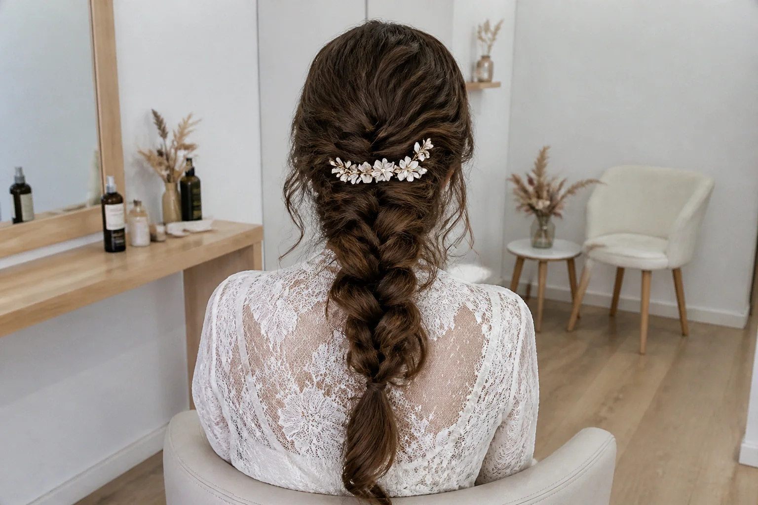 Coiffure de cérémonie vue pendant la préparation — illustration générée par IA