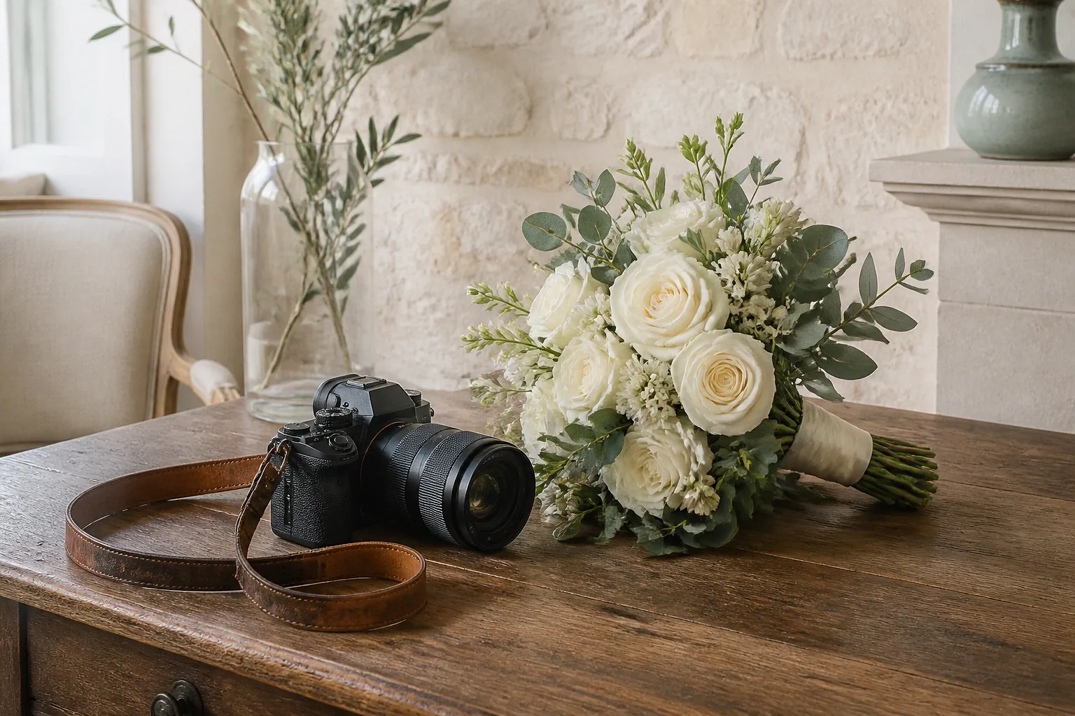 Appareil photo et accessoires de reportage de mariage — illustration générée par IA