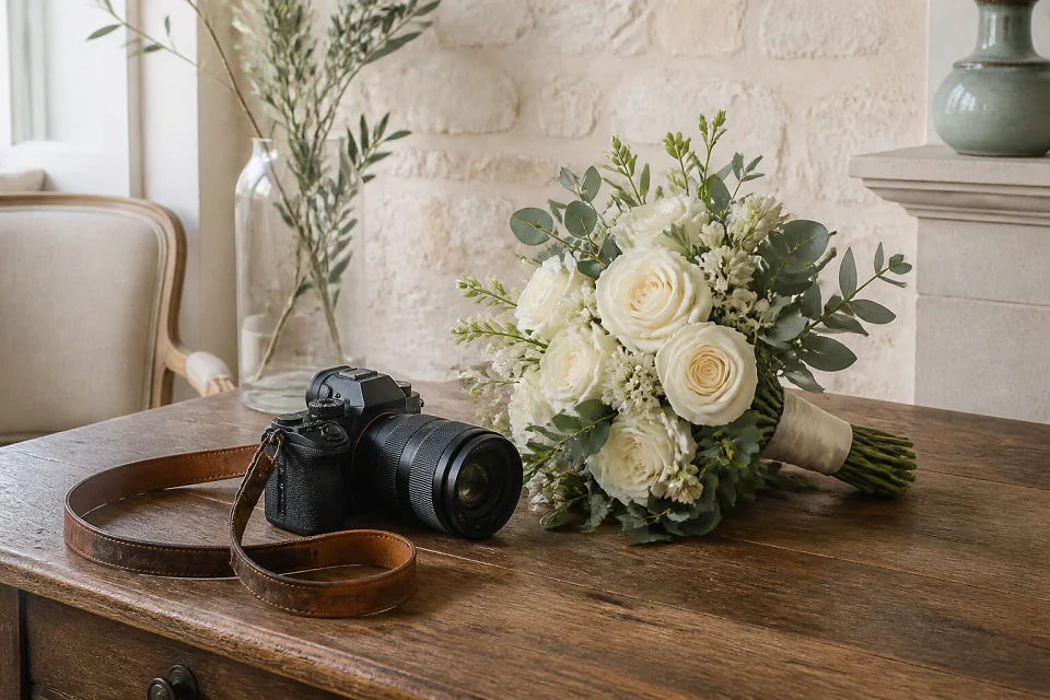 Appareil photo et accessoires de reportage de mariage — illustration générée par IA