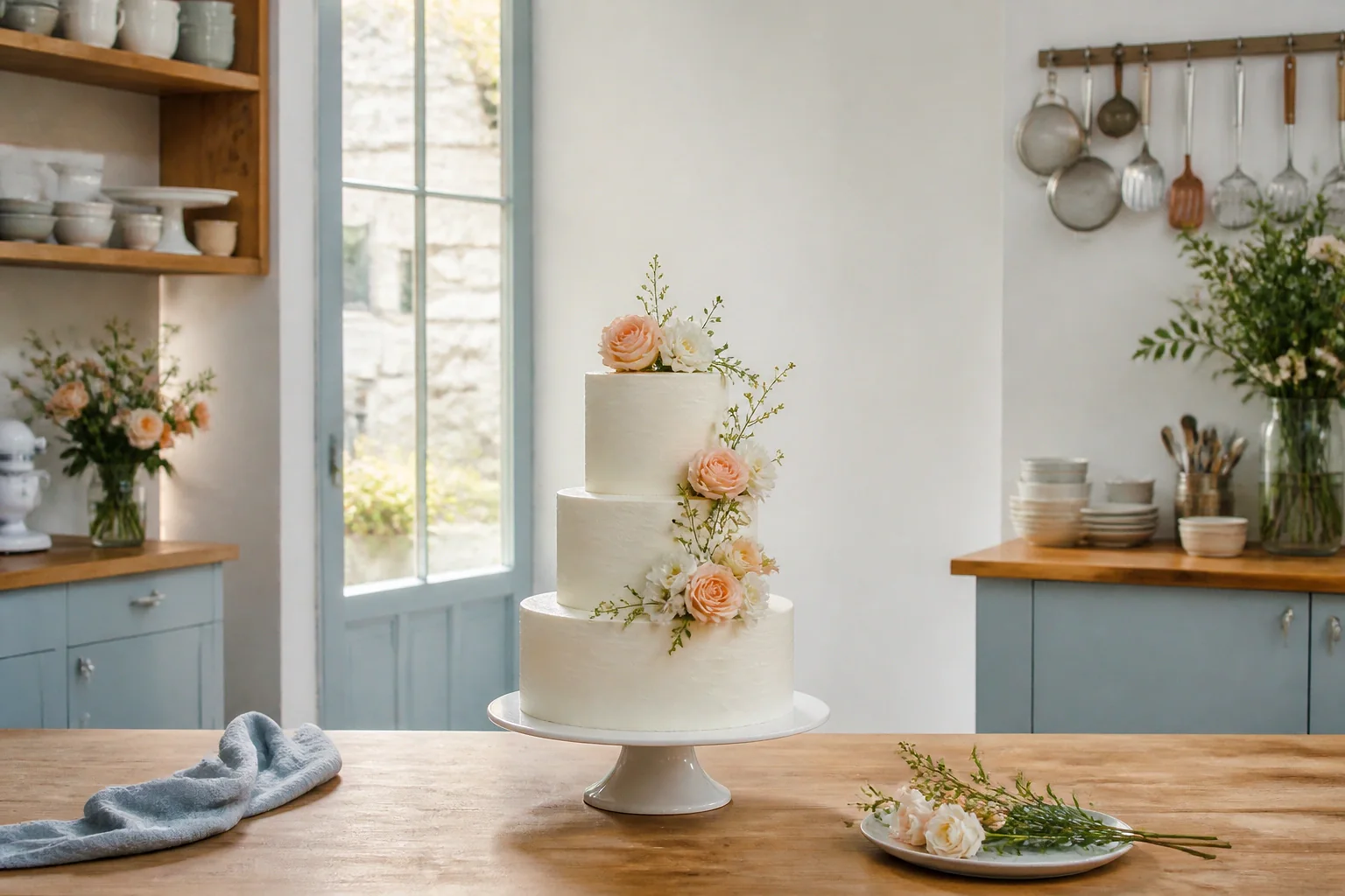 Gâteau de mariage préparé dans un atelier — illustration générée par IA