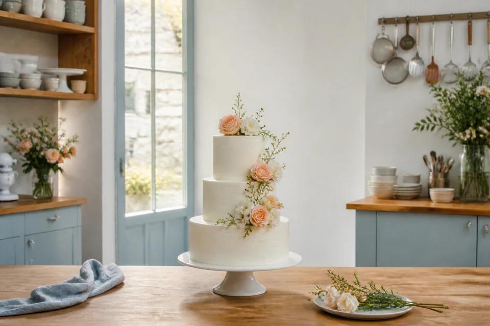Gâteau de mariage préparé dans un atelier — illustration générée par IA