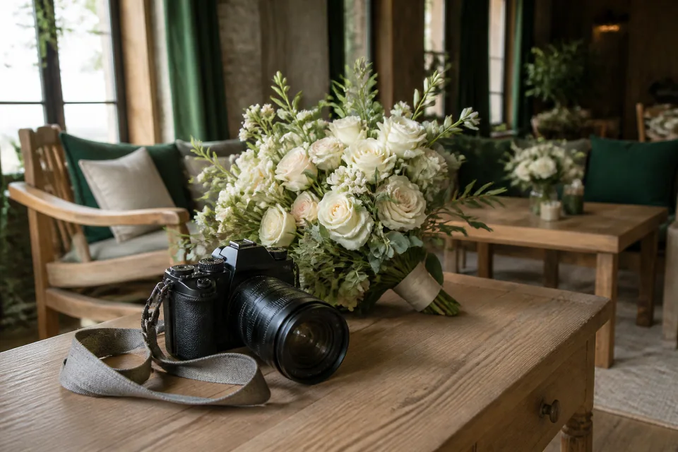Appareil photo et accessoires de reportage de mariage — illustration générée par IA