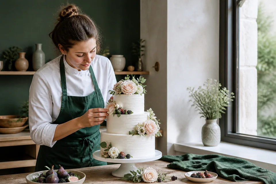 Gâteau de mariage préparé dans un atelier — illustration générée par IA