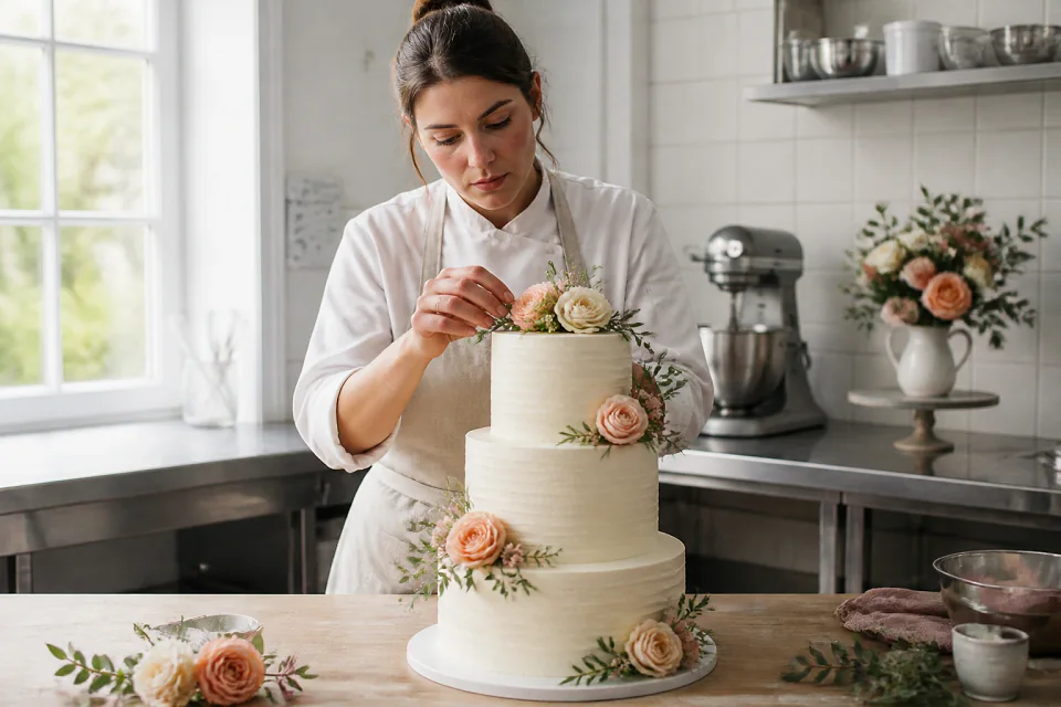 Gâteau de mariage préparé dans un atelier — illustration générée par IA