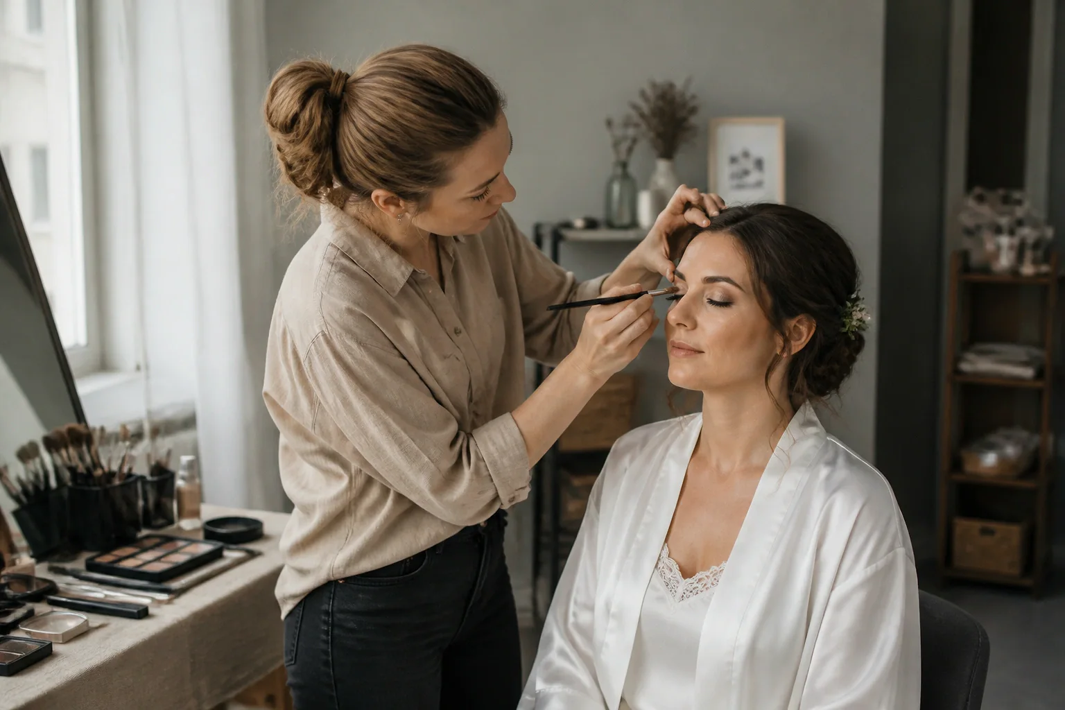 Préparation d’un maquillage de mariage — illustration générée par IA