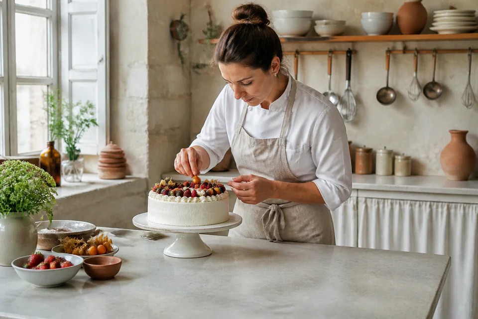 Gâteau de mariage préparé dans un atelier — illustration générée par IA