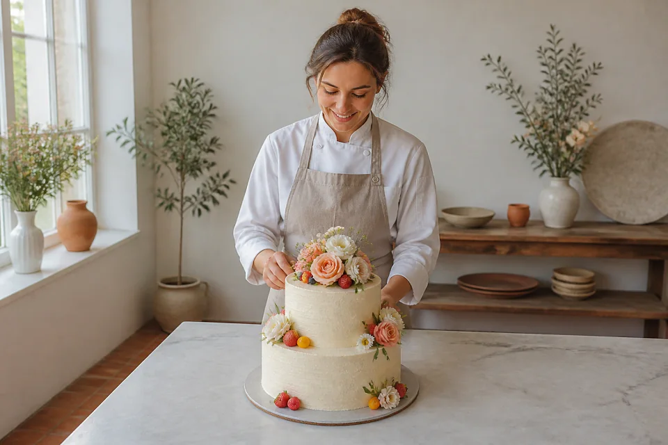 Gâteau de mariage préparé dans un atelier — illustration générée par IA