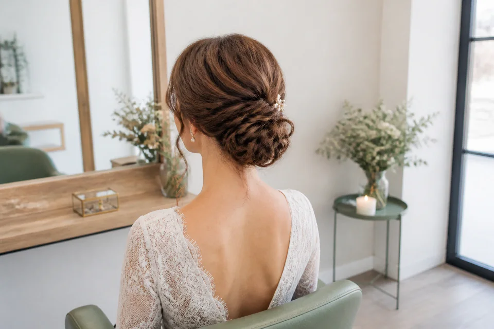 Coiffure de cérémonie vue pendant la préparation — illustration générée par IA