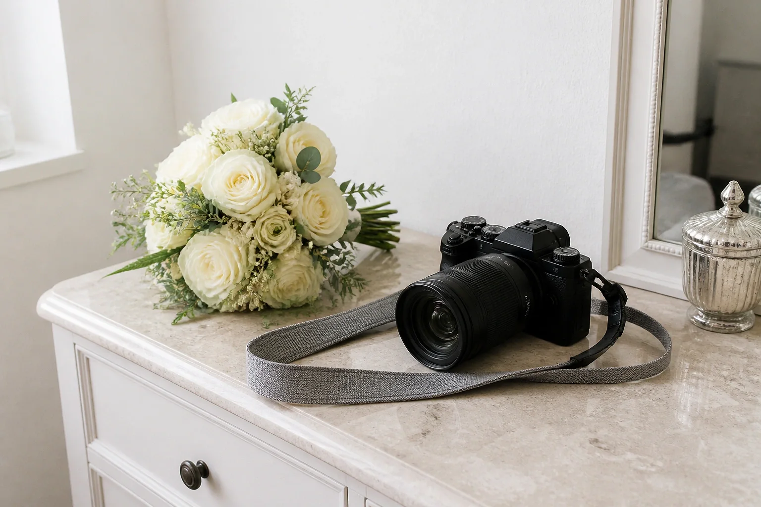 Appareil photo et accessoires de reportage de mariage — illustration générée par IA