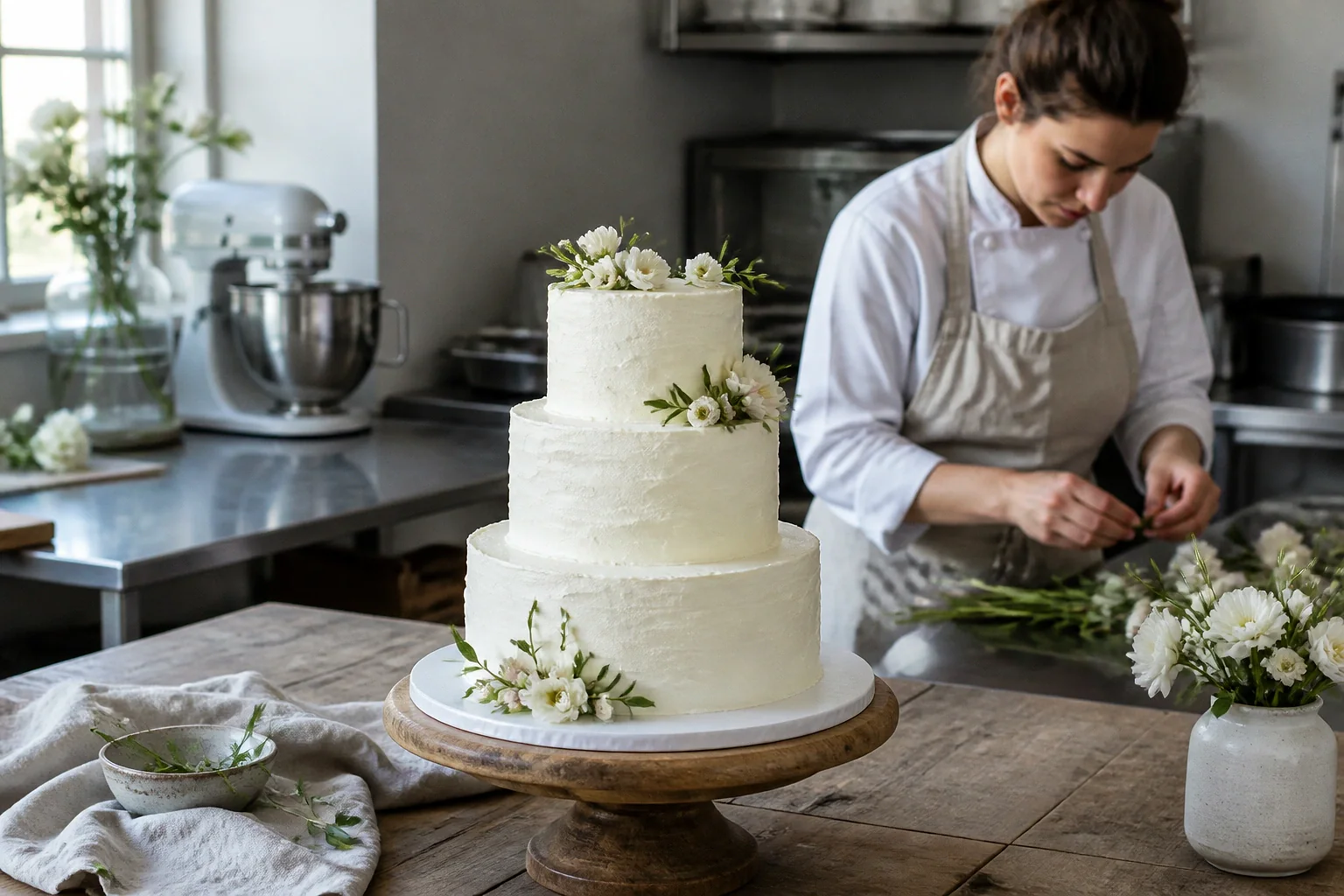 Gâteau de mariage préparé dans un atelier — illustration générée par IA