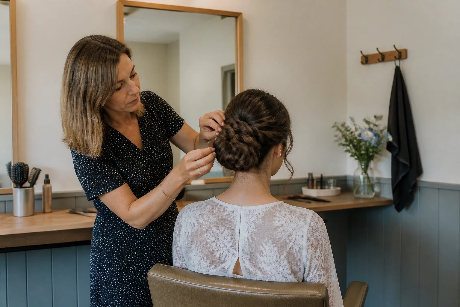 Coiffure de cérémonie vue pendant la préparation — illustration générée par IA