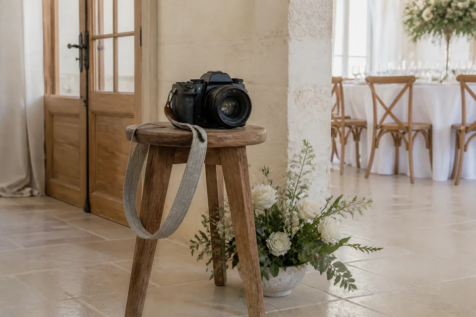 Appareil photo et accessoires de reportage de mariage — illustration générée par IA