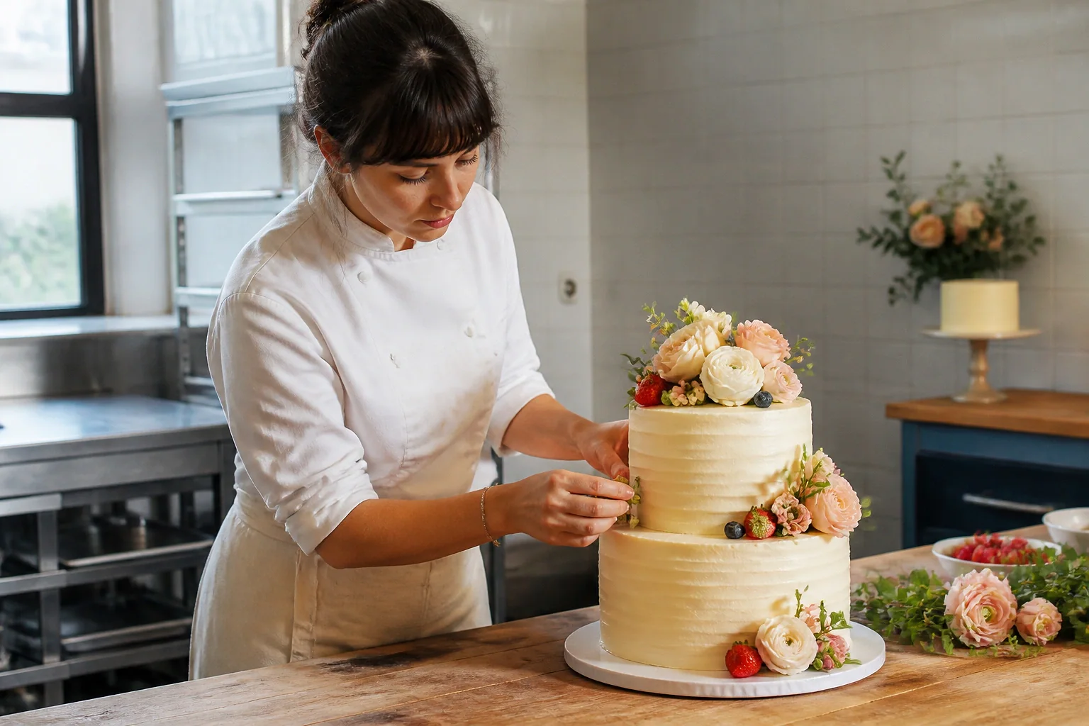 Gâteau de mariage préparé dans un atelier — illustration générée par IA