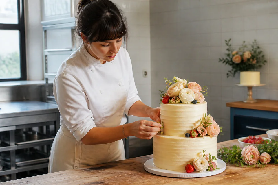 Gâteau de mariage préparé dans un atelier — illustration générée par IA