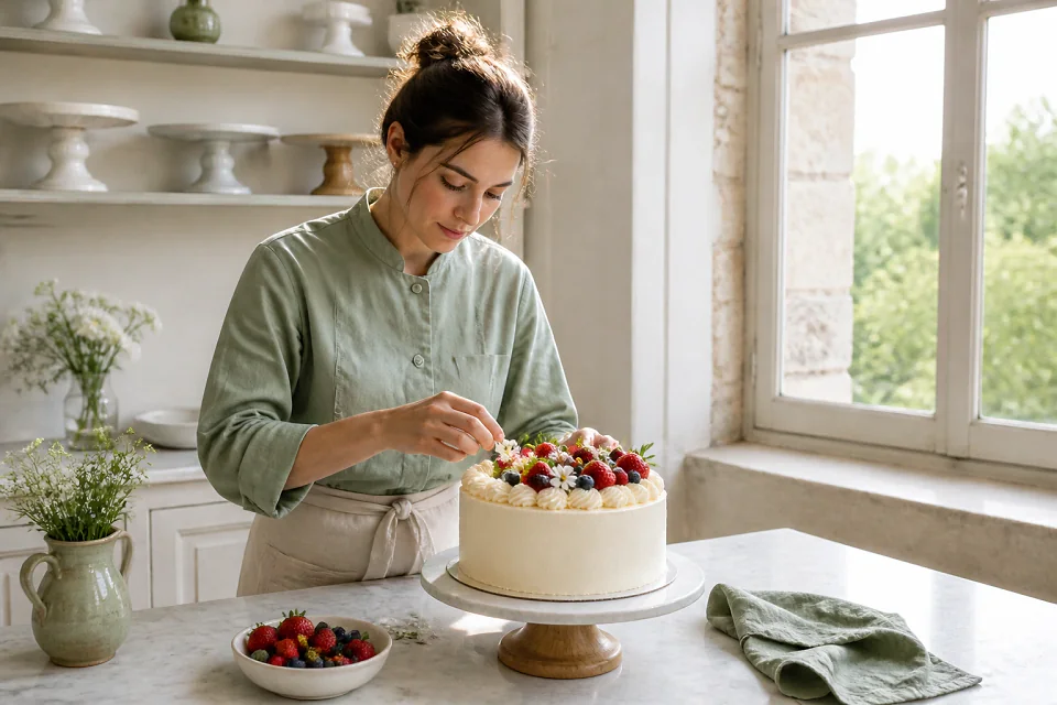 Gâteau de mariage préparé dans un atelier — illustration générée par IA