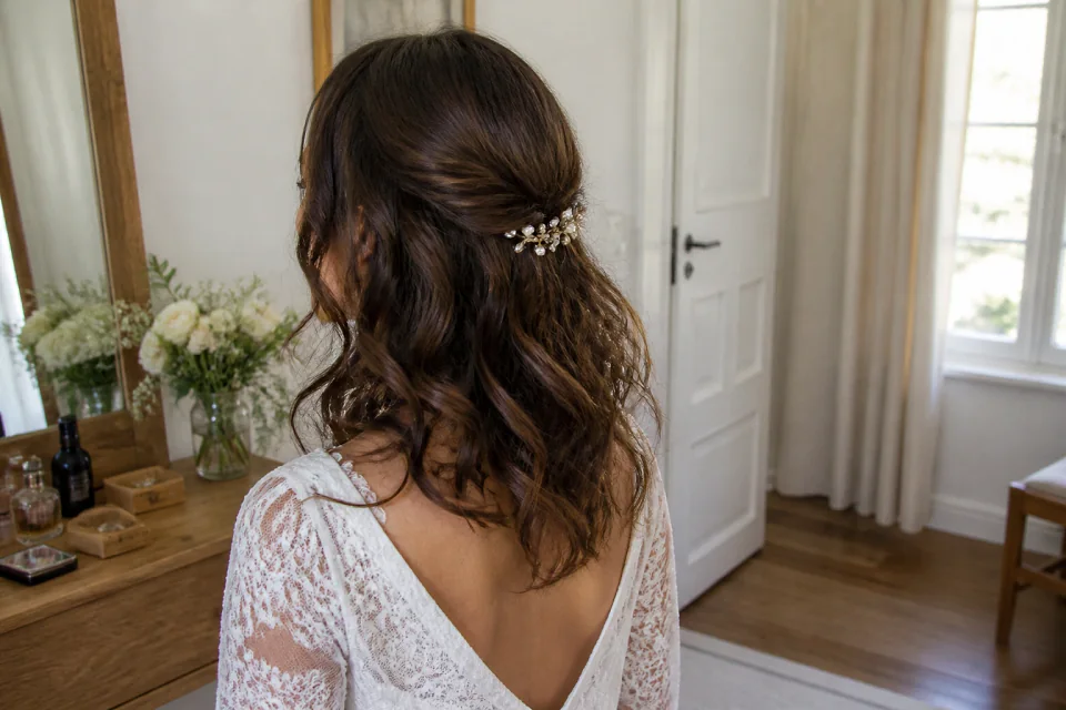 Coiffure de cérémonie vue pendant la préparation — illustration générée par IA
