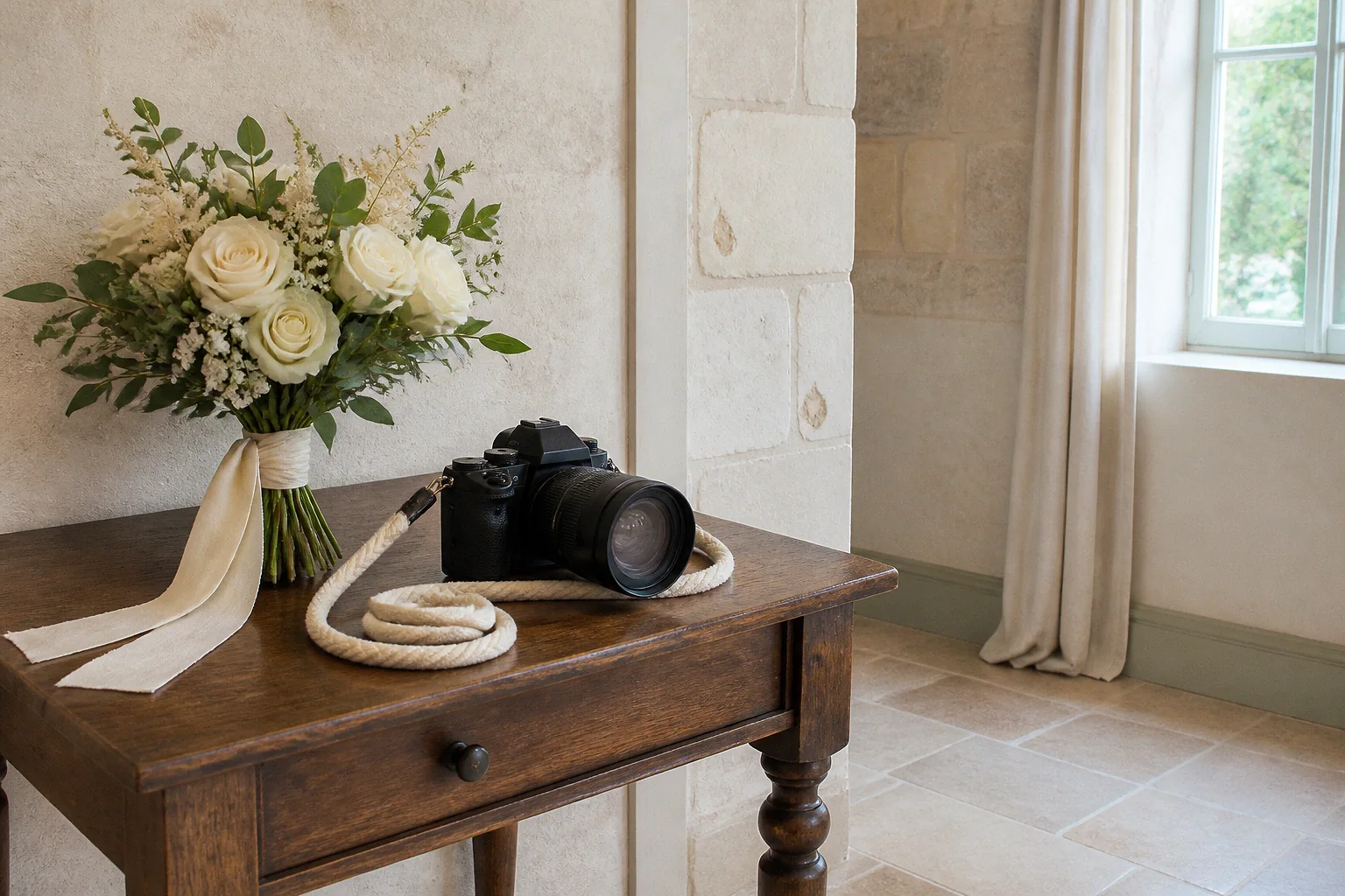 Appareil photo et accessoires de reportage de mariage — illustration générée par IA