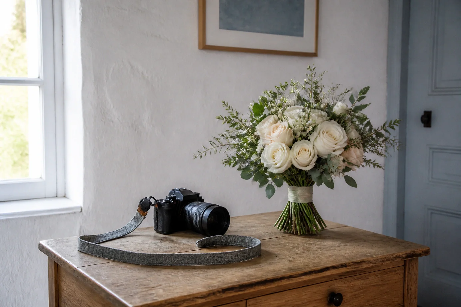 Appareil photo et accessoires de reportage de mariage — illustration générée par IA