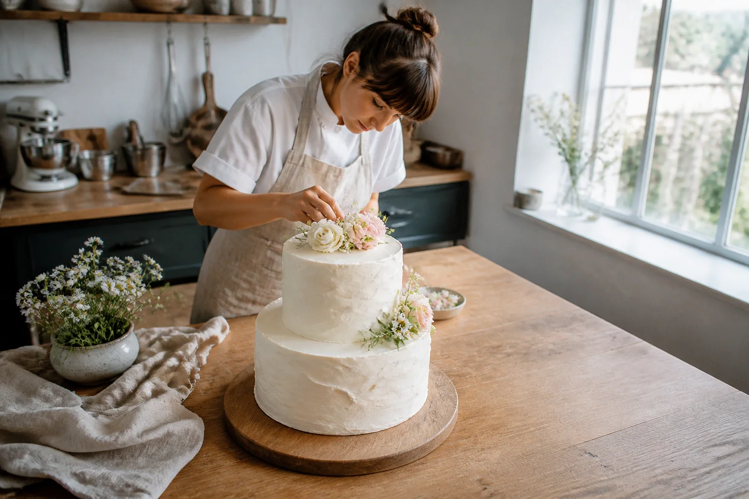 Gâteau de mariage préparé dans un atelier — illustration générée par IA