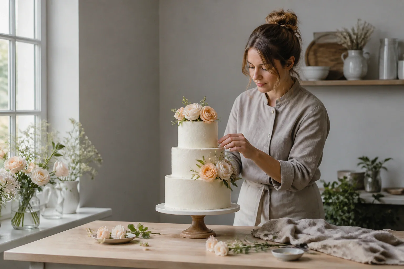 Gâteau de mariage préparé dans un atelier — illustration générée par IA