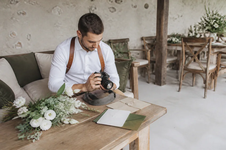 Appareil photo et accessoires de reportage de mariage — illustration générée par IA