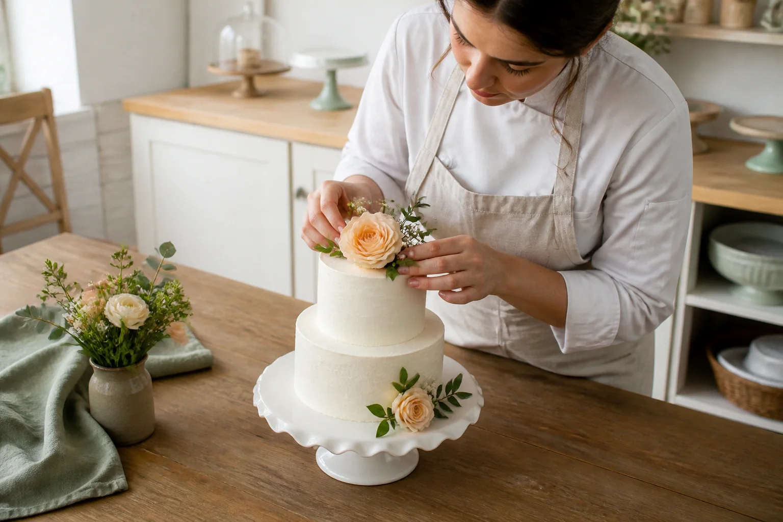 Gâteau de mariage préparé dans un atelier — illustration générée par IA