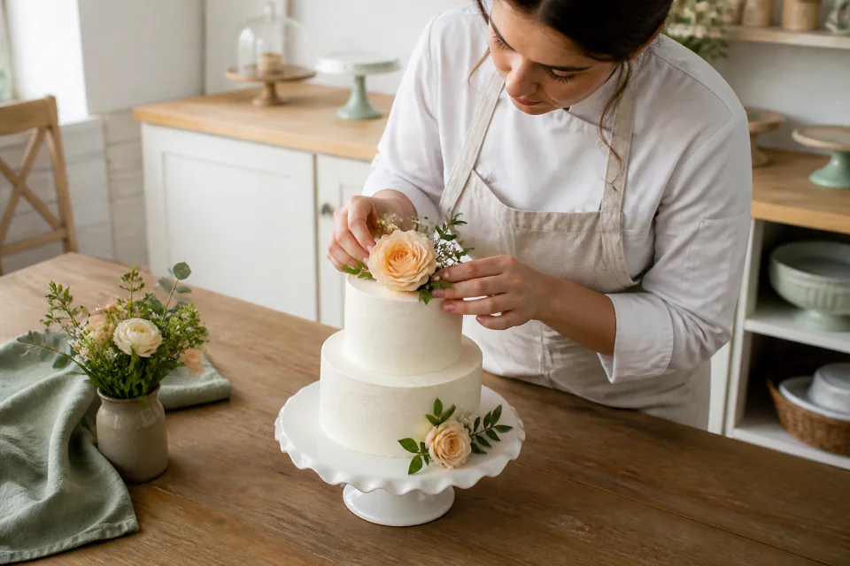 Gâteau de mariage préparé dans un atelier — illustration générée par IA