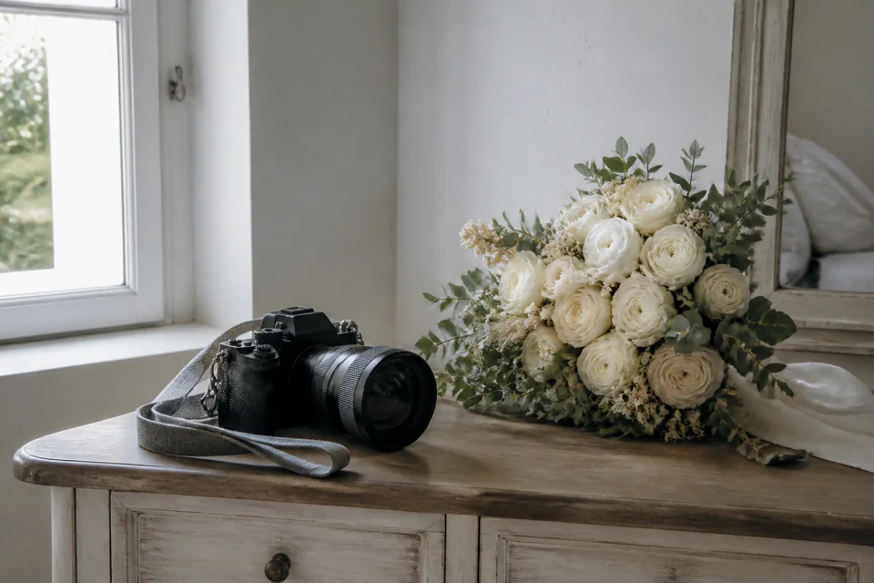 Appareil photo et accessoires de reportage de mariage — illustration générée par IA