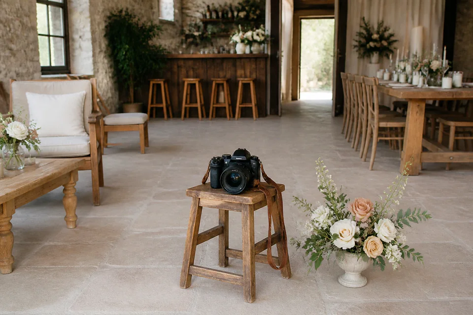 Appareil photo et accessoires de reportage de mariage — illustration générée par IA