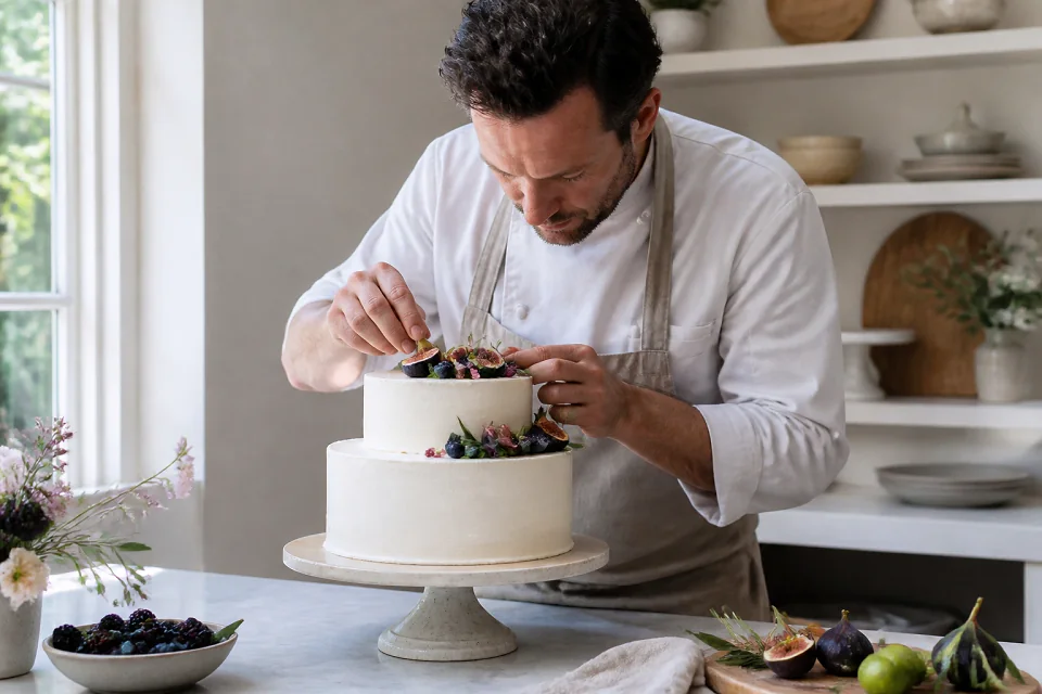 Gâteau de mariage préparé dans un atelier — illustration générée par IA