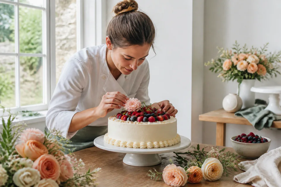Gâteau de mariage préparé dans un atelier — illustration générée par IA