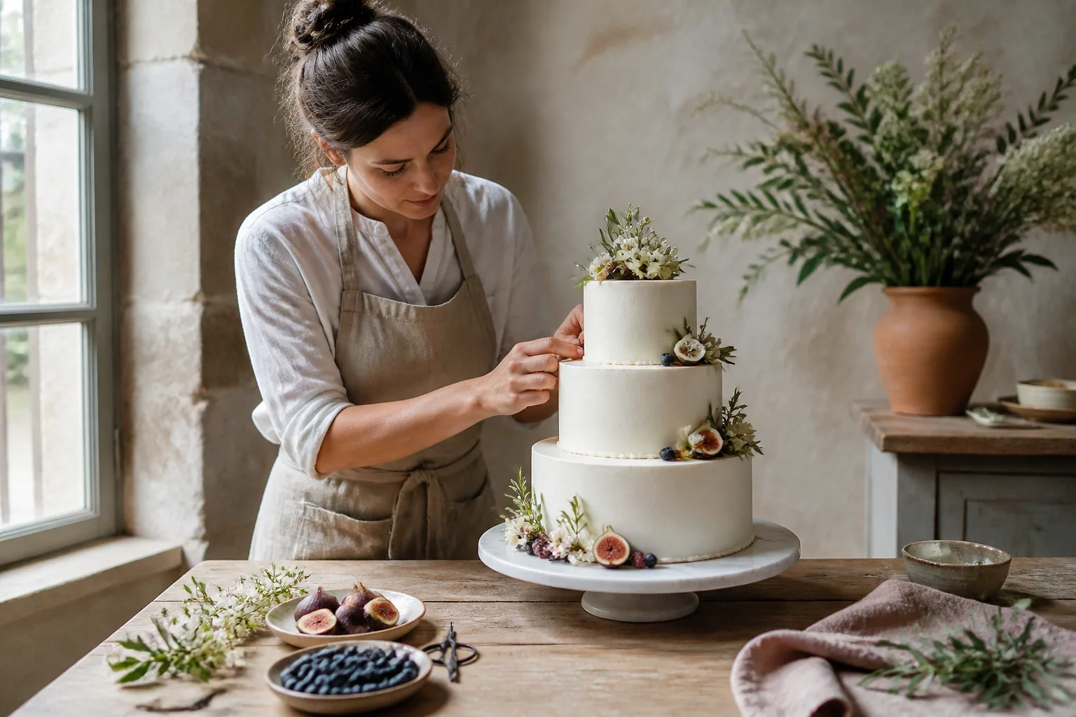 Gâteau de mariage préparé dans un atelier — illustration générée par IA