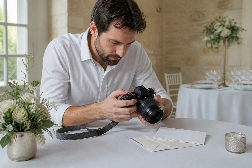 Appareil photo et accessoires de reportage de mariage — illustration générée par IA