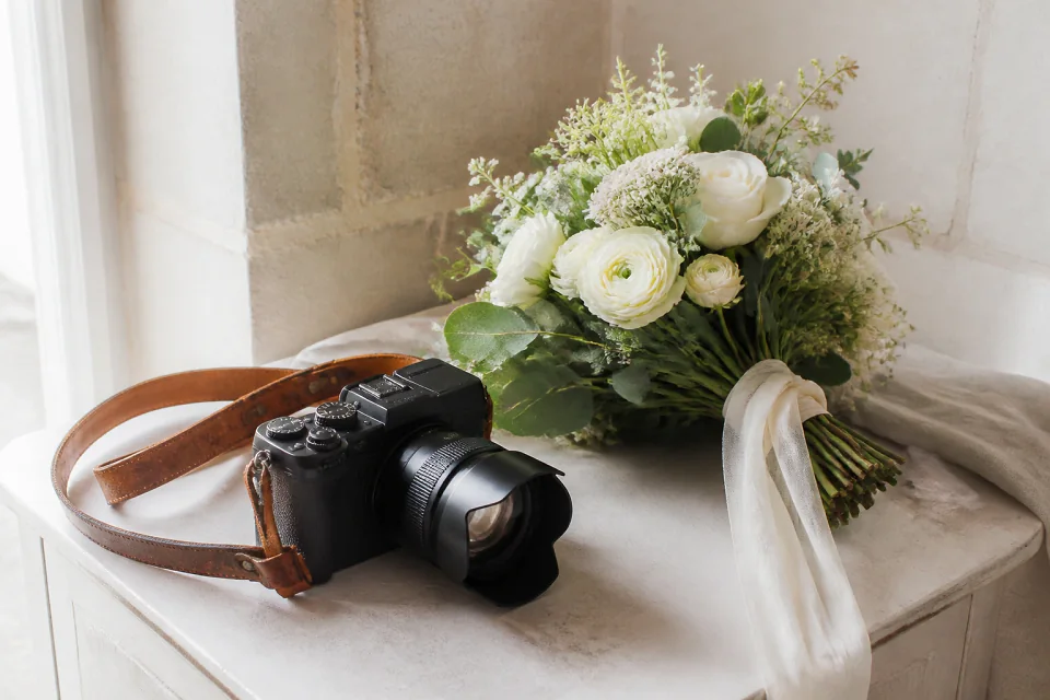 Appareil photo et accessoires de reportage de mariage — illustration générée par IA