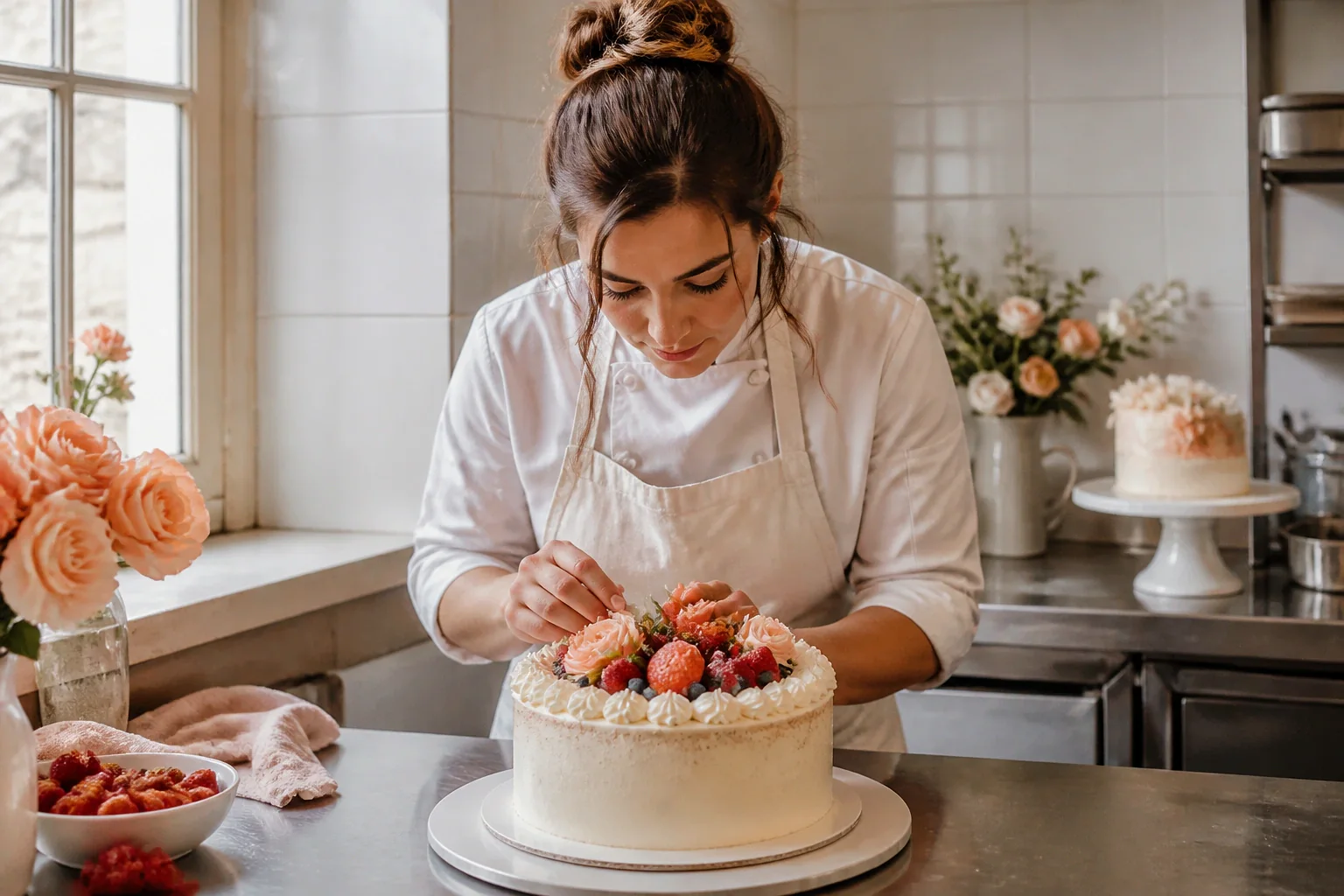 Gâteau de mariage préparé dans un atelier — illustration générée par IA