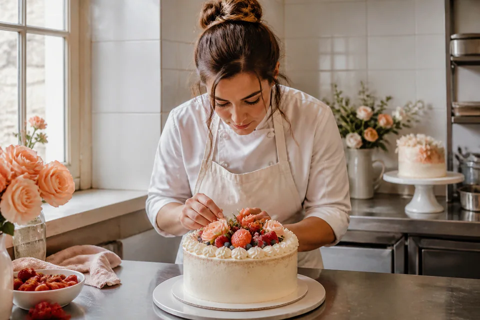 Gâteau de mariage préparé dans un atelier — illustration générée par IA