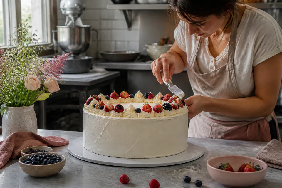 Gâteau de mariage préparé dans un atelier — illustration générée par IA