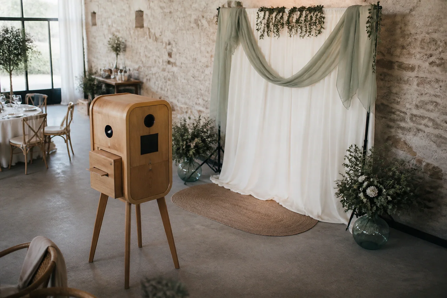 Borne photo installée pour une réception de mariage — illustration générée par IA