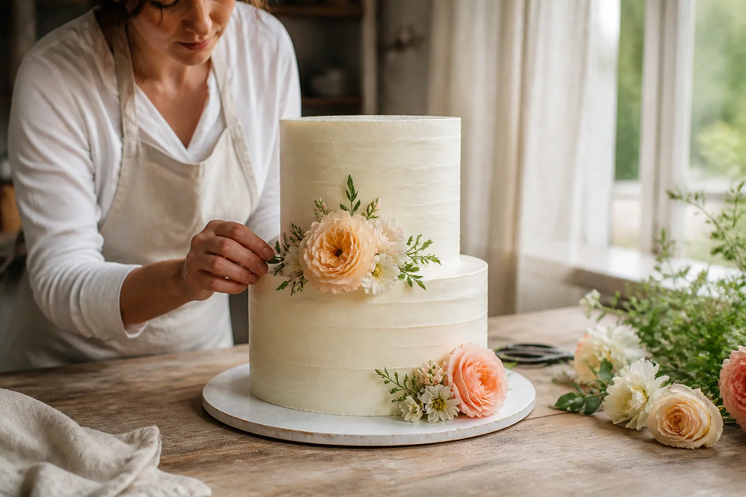 Gâteau de mariage préparé dans un atelier — illustration générée par IA