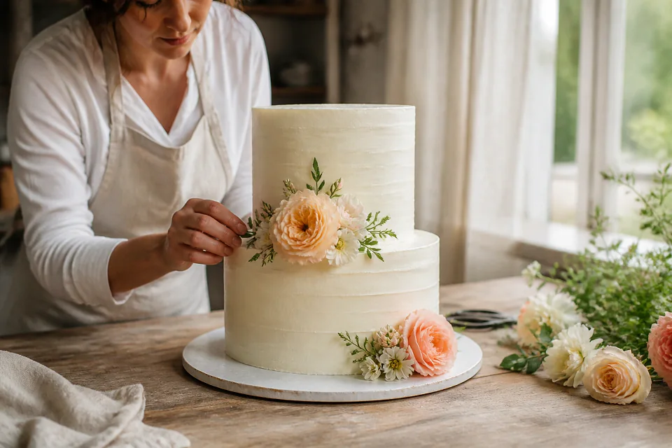 Gâteau de mariage préparé dans un atelier — illustration générée par IA