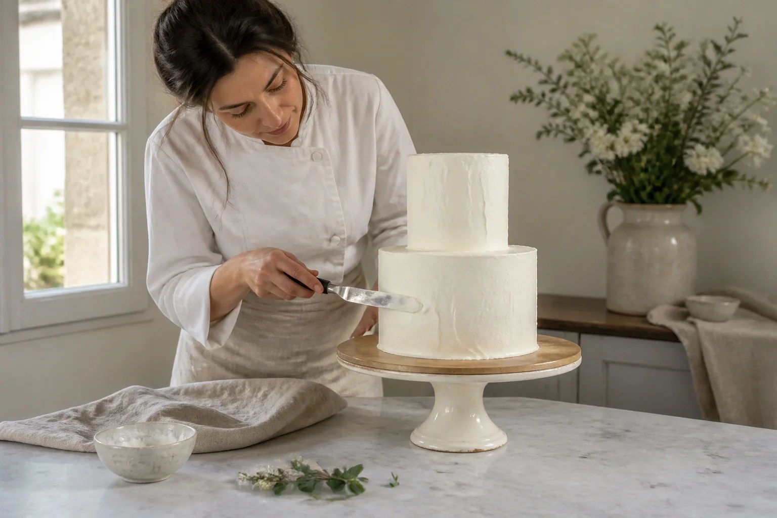 Gâteau de mariage préparé dans un atelier — illustration générée par IA
