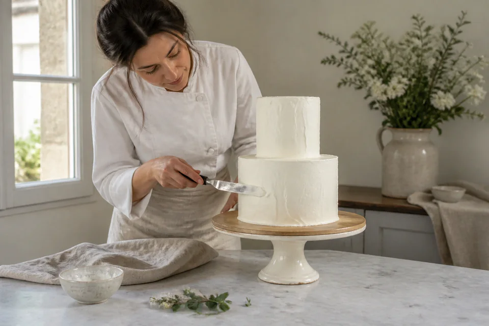 Gâteau de mariage préparé dans un atelier — illustration générée par IA