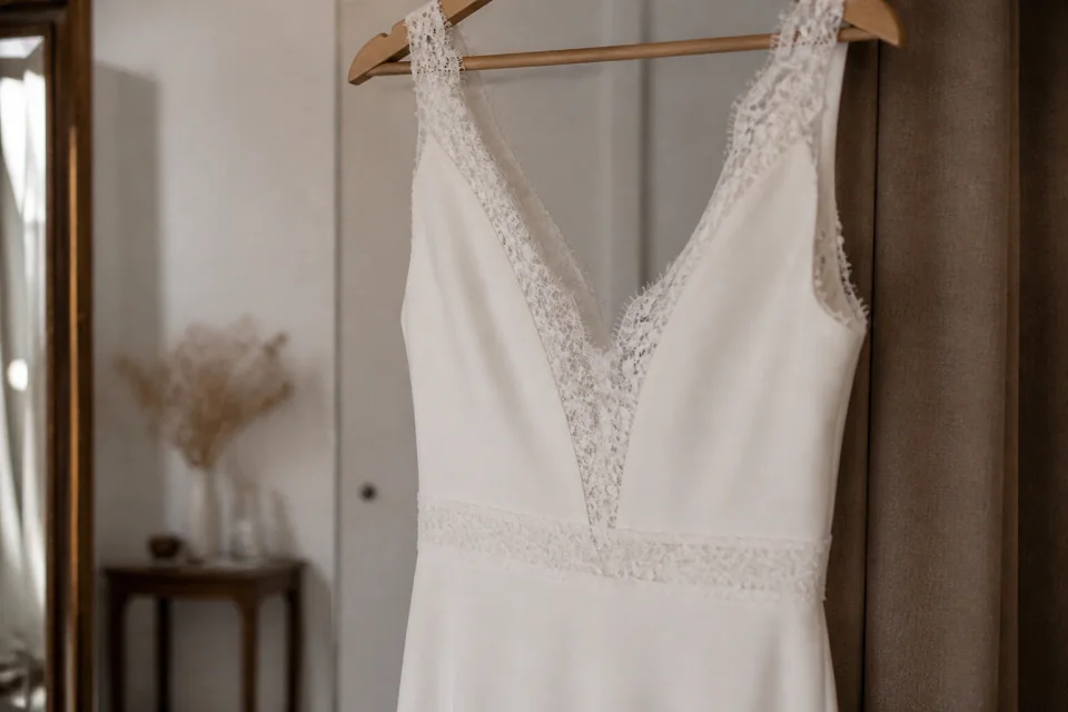Robe de mariée dans un atelier de confection — illustration générée par IA