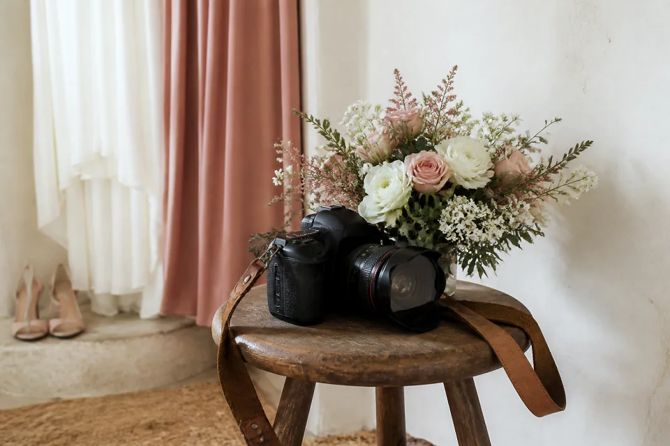 Appareil photo et accessoires de reportage de mariage — illustration générée par IA