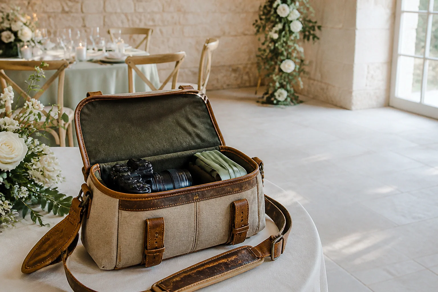 Appareil photo et accessoires de reportage de mariage — illustration générée par IA