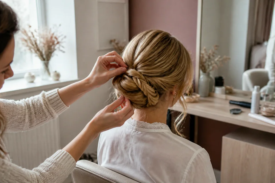 Coiffure de cérémonie vue pendant la préparation — illustration générée par IA