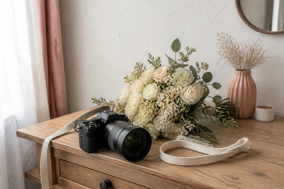 Appareil photo et accessoires de reportage de mariage — illustration générée par IA