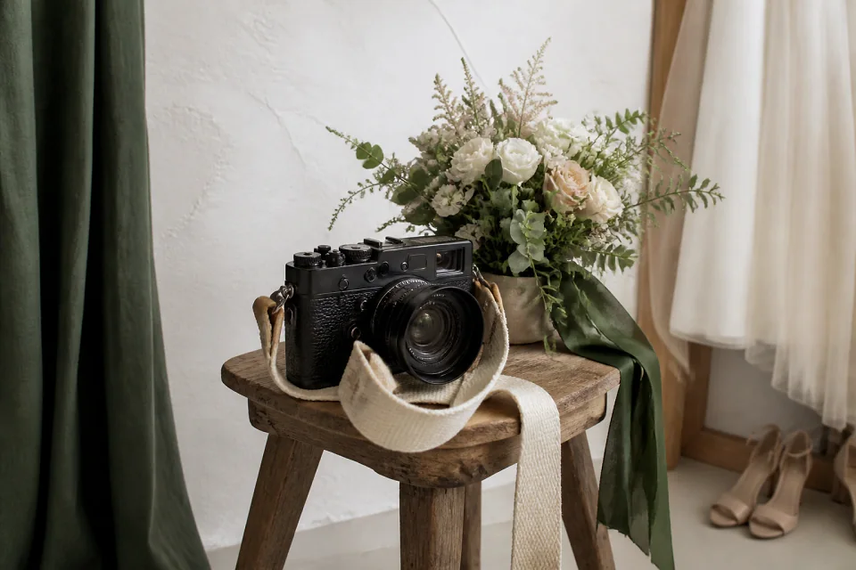 Appareil photo et accessoires de reportage de mariage — illustration générée par IA