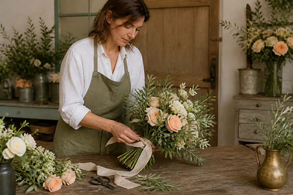 Préparation florale pour un mariage — illustration générée par IA