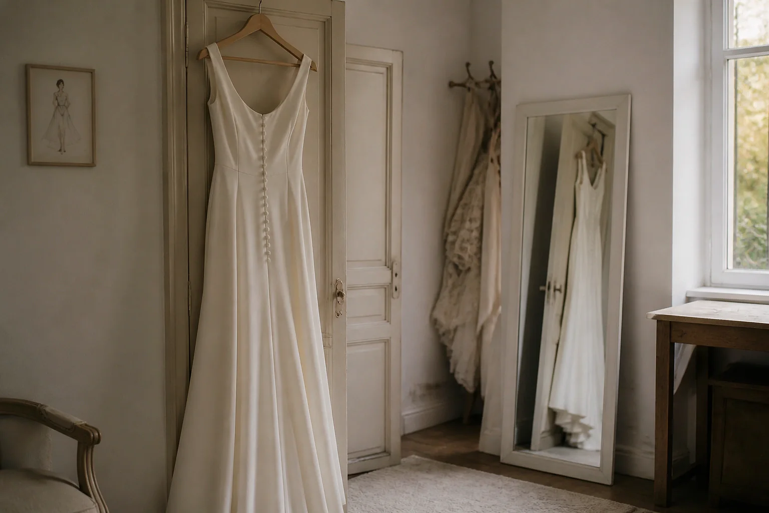 Robe de mariée dans un atelier de confection — illustration générée par IA